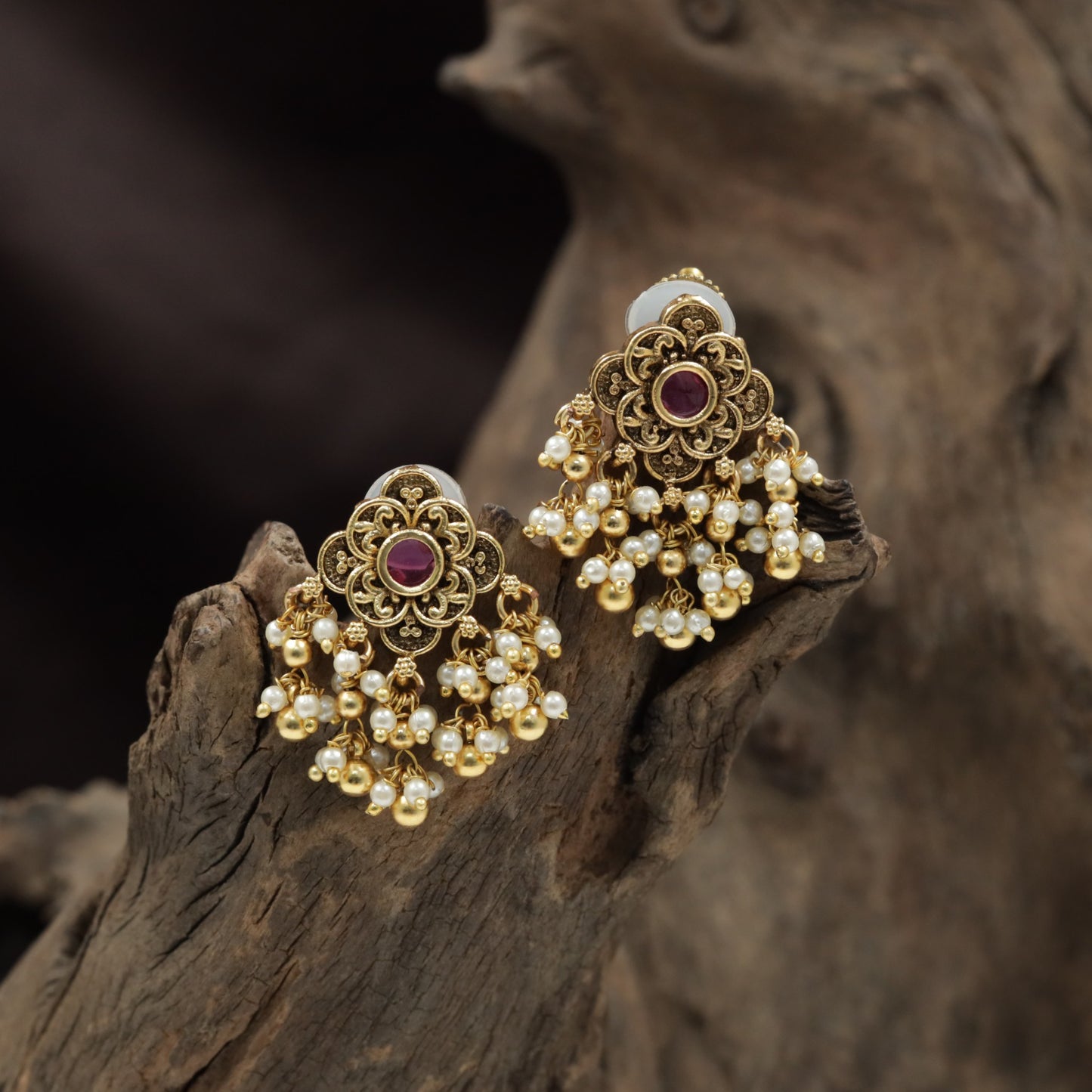 Elegant Floral Antique Stud with Ornate Scrollwork and Bead Drops