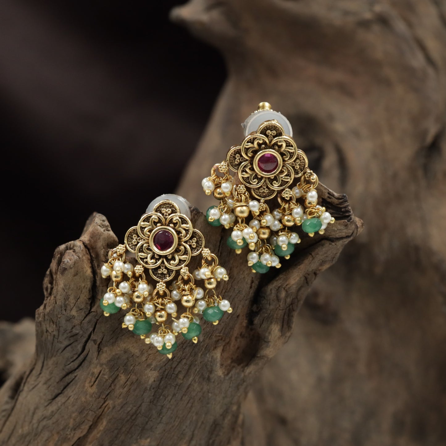Elegant Floral Antique Stud with Ornate Scrollwork and Bead Drops