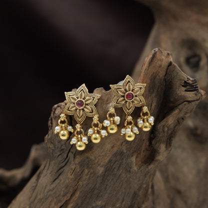 Floral Star Antique Stud with Hanging Bead Accents