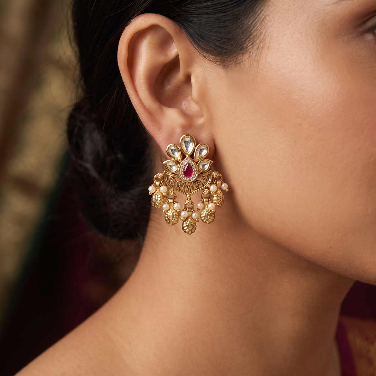 Antique Lotus Bloom Stud with Pearl Clusters