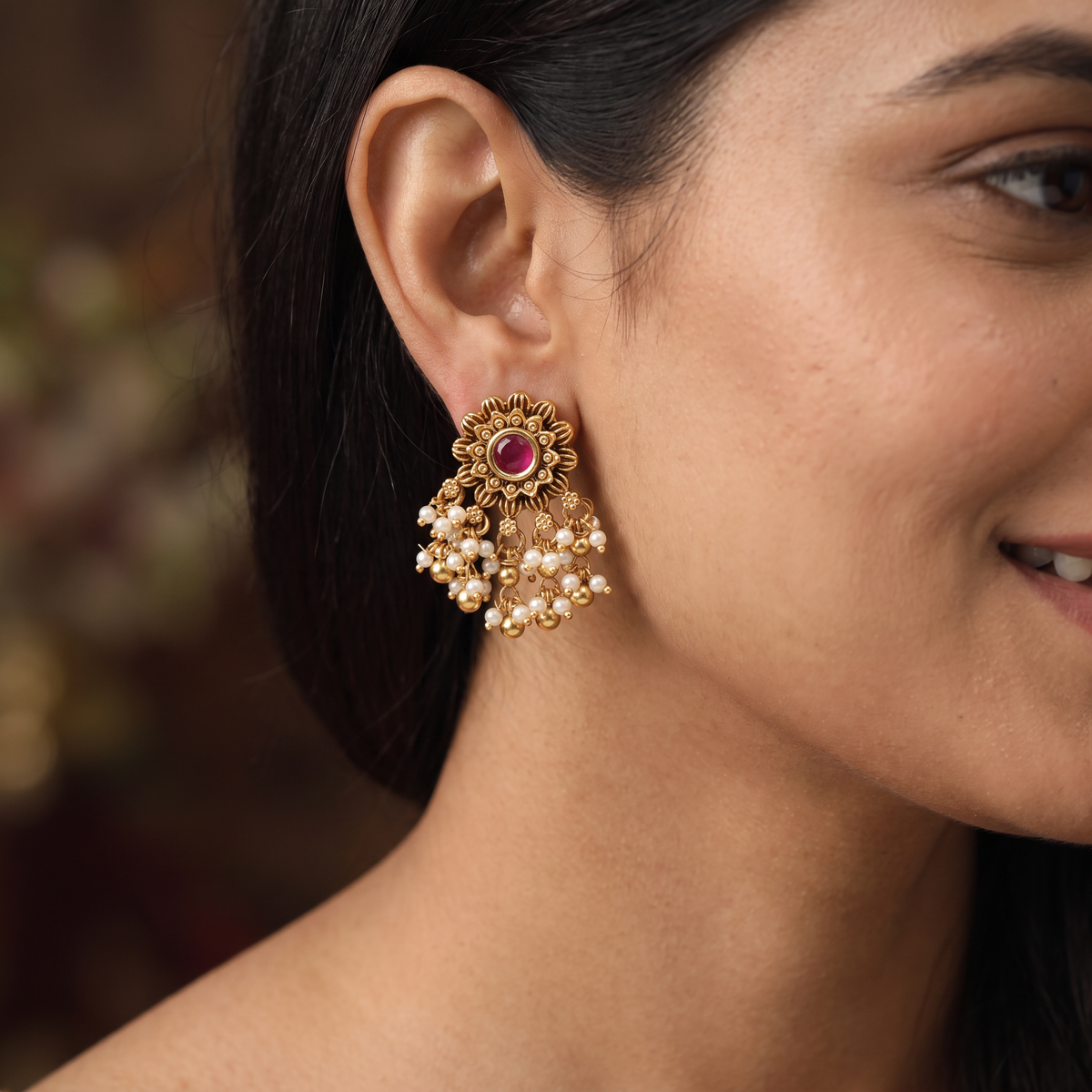 Classic Floral Antique Stud with Detailed Petals