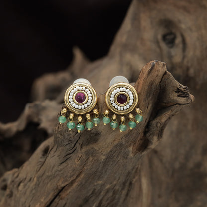 Antique Stud with Intricate Pearl Border and Beaded Fringe