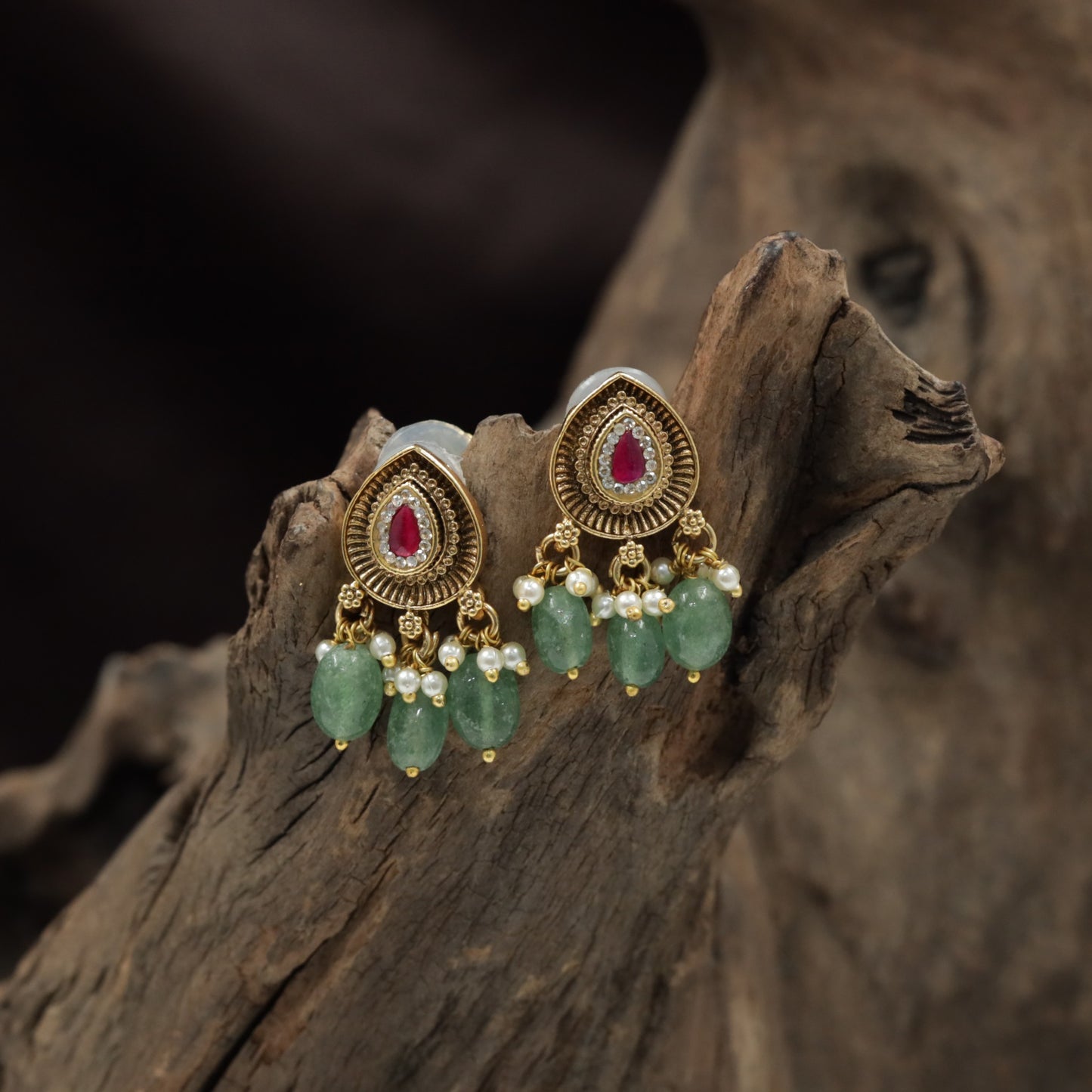 Teardrop Antique Stud with Hanging Pearl Drop Accents
