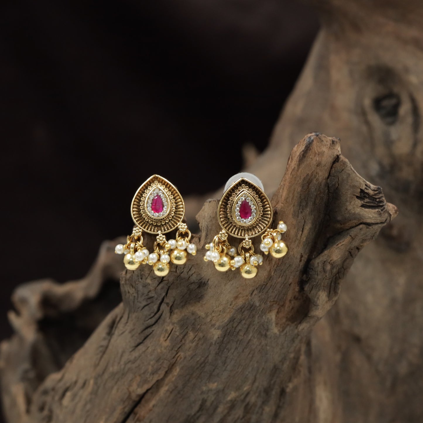 Teardrop Antique Stud with Hanging Pearl Drop Accents