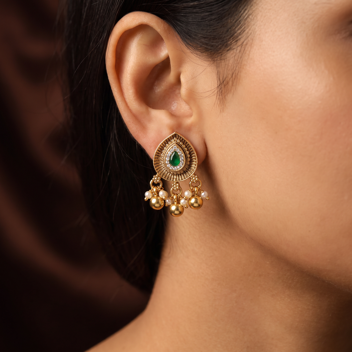 Teardrop Antique Stud with Hanging Pearl Drop Accents