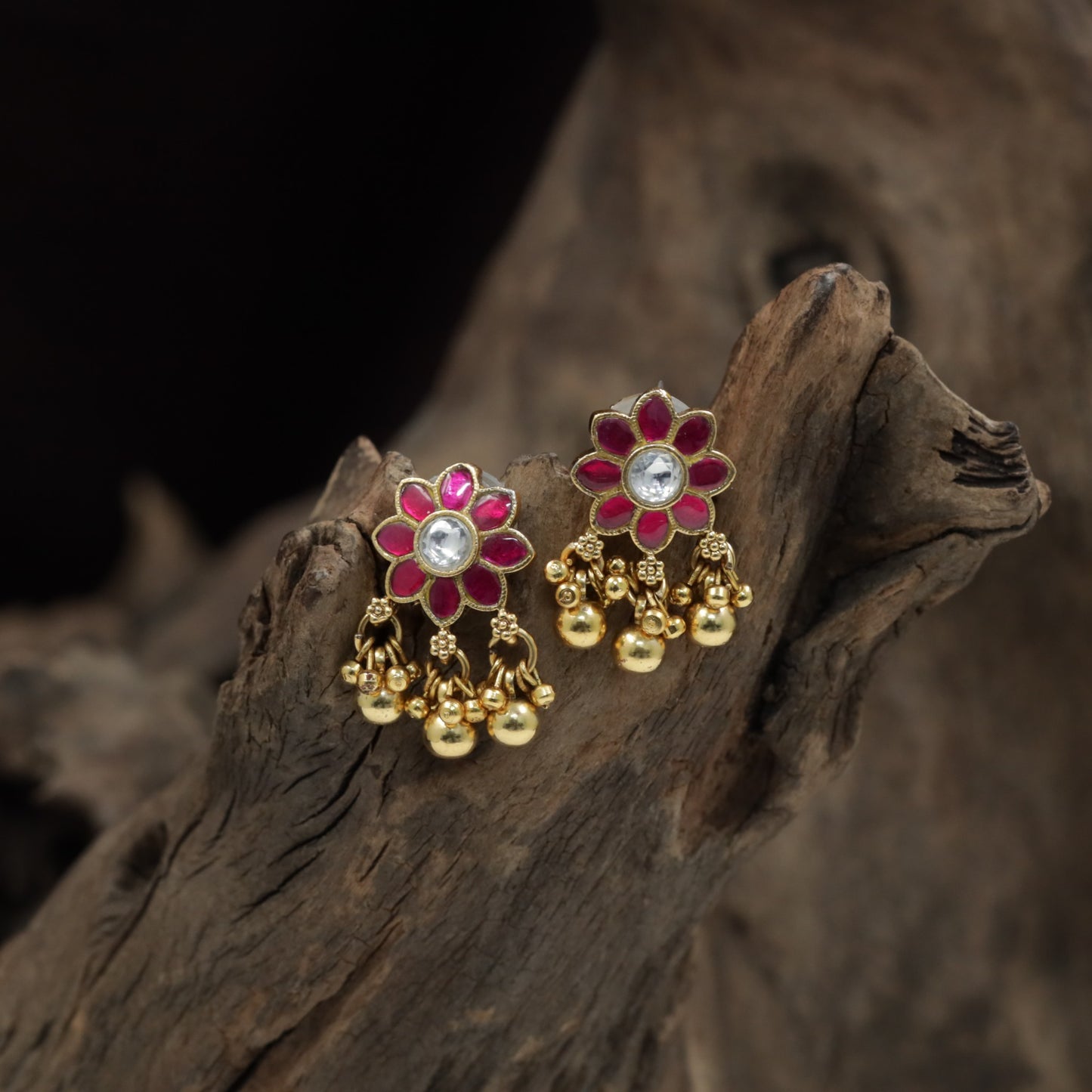 Classic Floral Antique Stud With Petal Design And Dangling Drops
