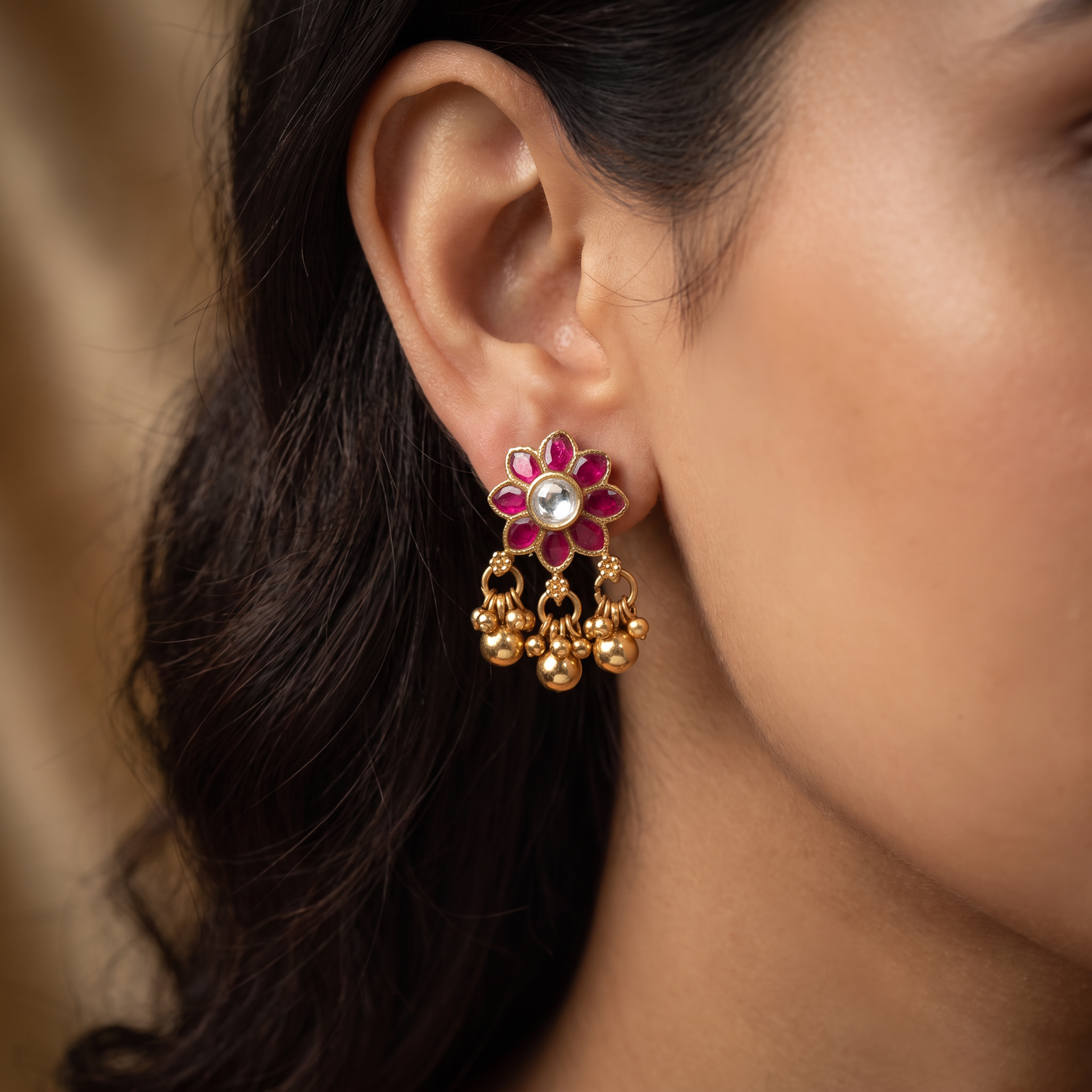 Classic Floral Antique Stud With Petal Design And Dangling Drops