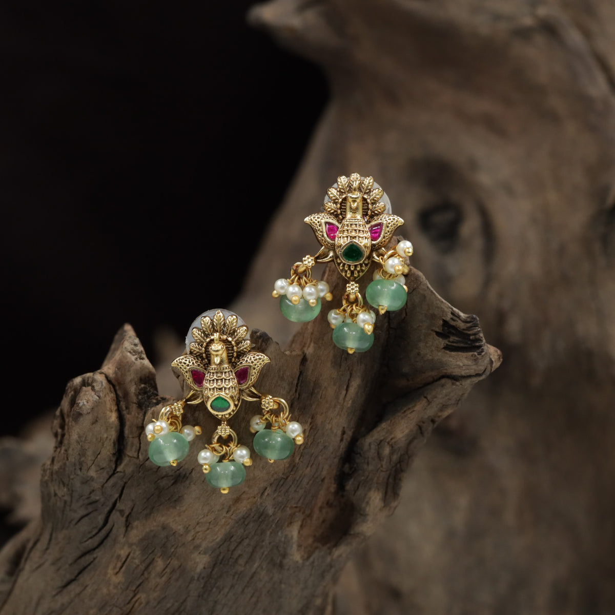 Classic Peacock Antique Stud with Drop Accents