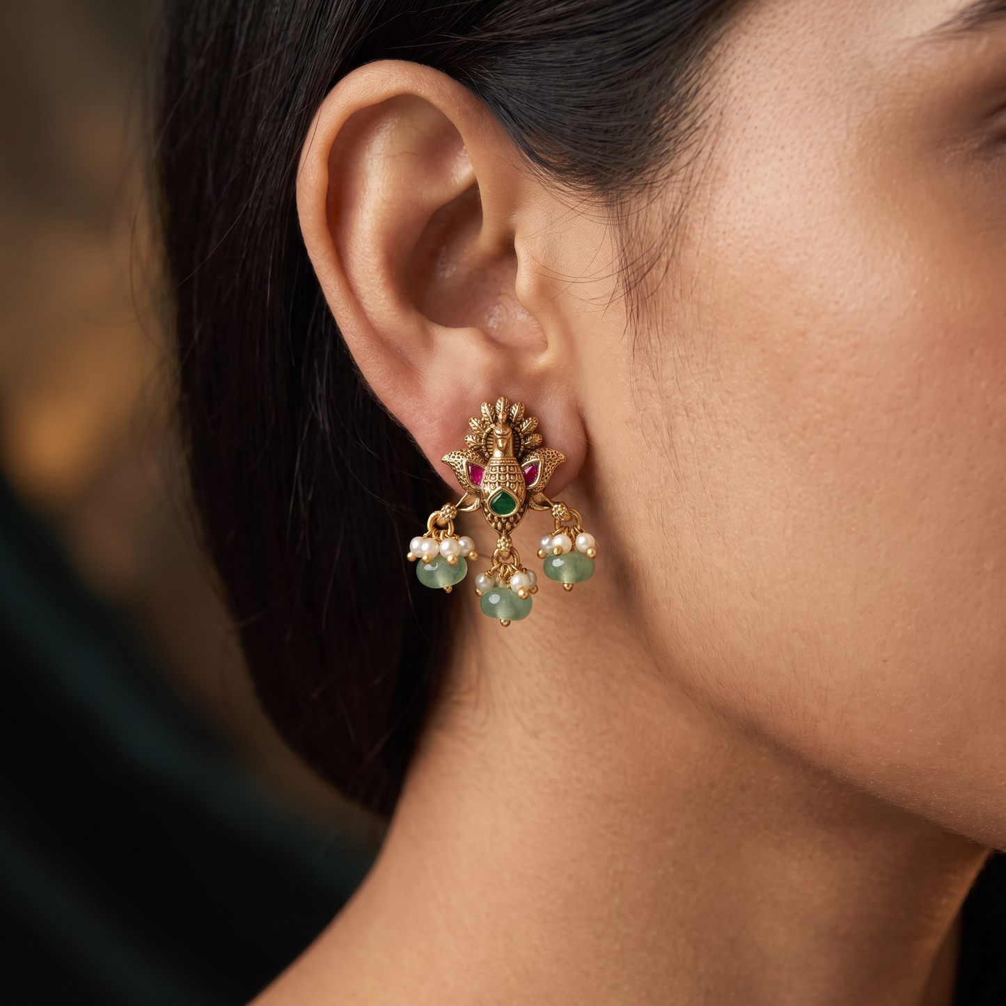 Classic Peacock Antique Stud With Traditional Drop Accents