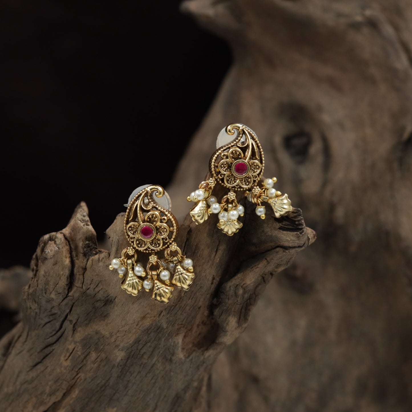 Royal Inspired Paisley Stud With Floral Core And Drops