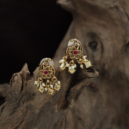 Royal Inspired Paisley Stud With Floral Core And Drops