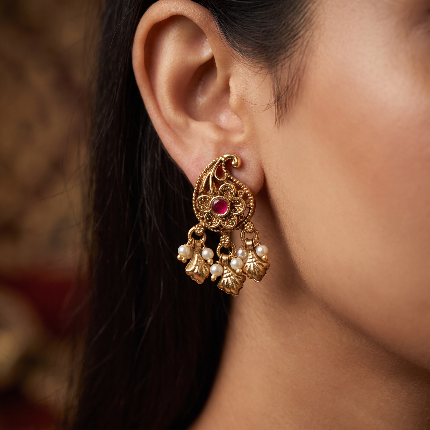 Royal Inspired Paisley Stud With Floral Core And Drops