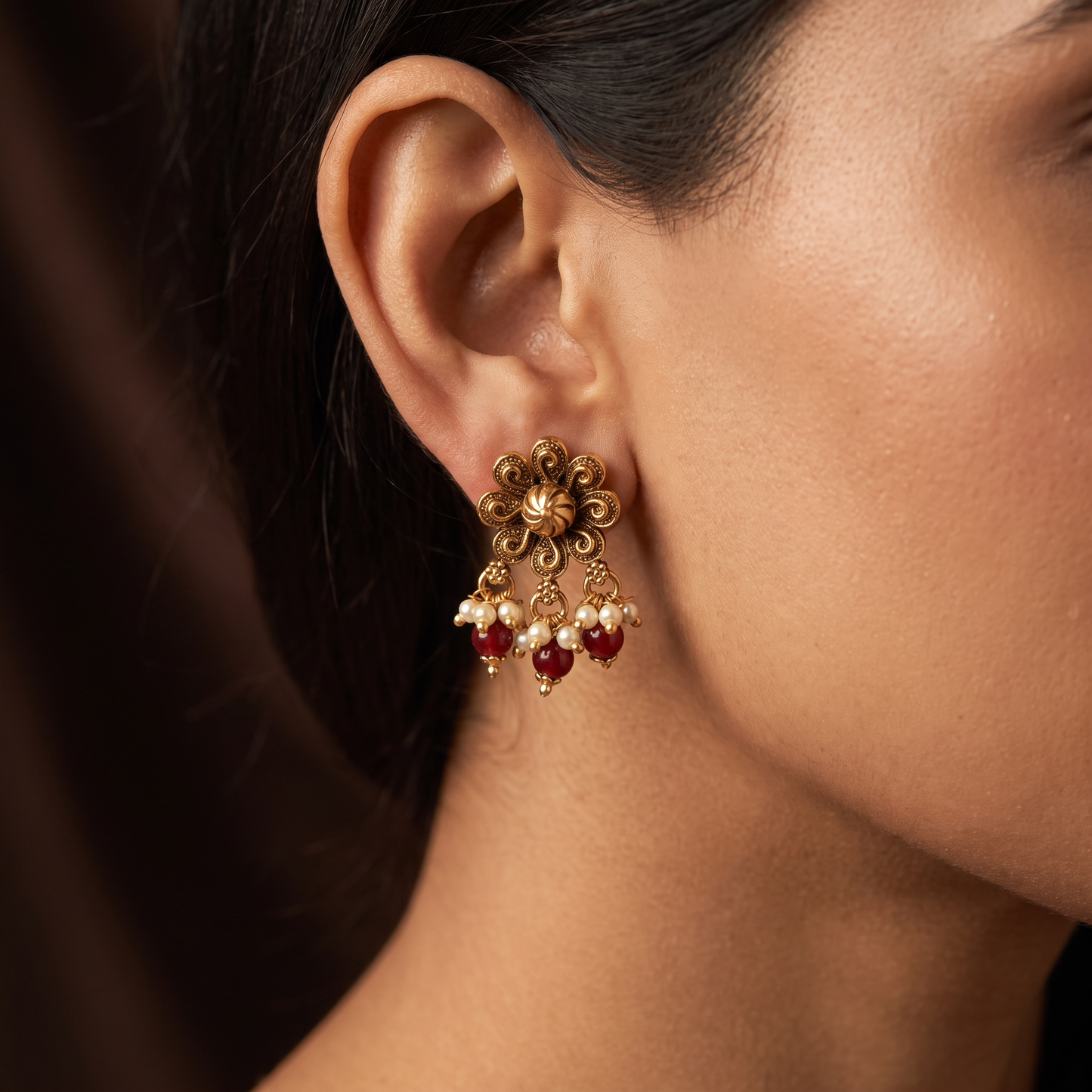 Heritage Rosette Stud With Intricate Petal And Drop Design