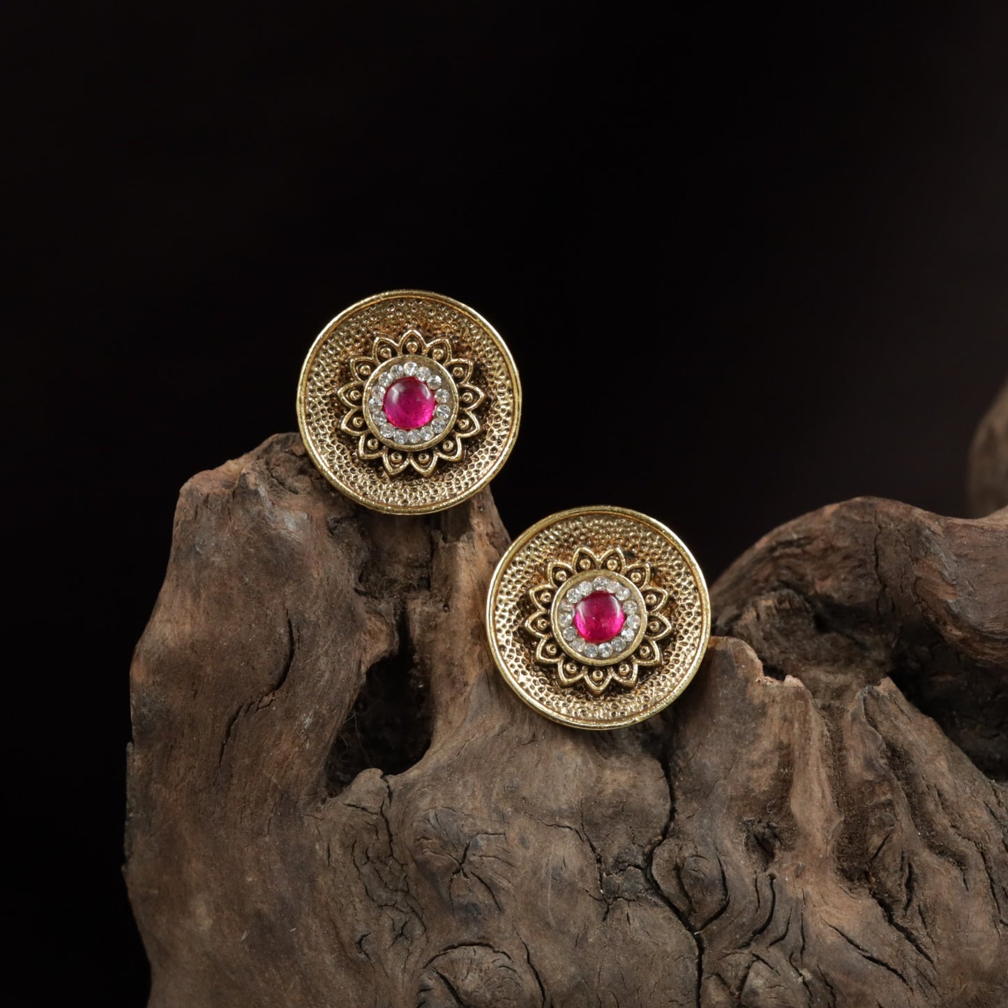Royal Inspired Circular Stud With Layered Rosette Pattern
