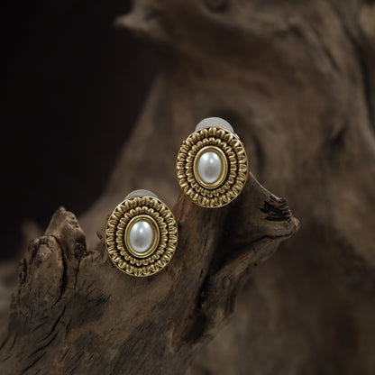 Antique Oval Medallion Stud With Beaded Halo And Raised Center
