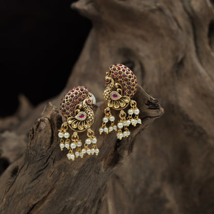 Classic Peacock Inspired Antique Stud With Cluster Drops