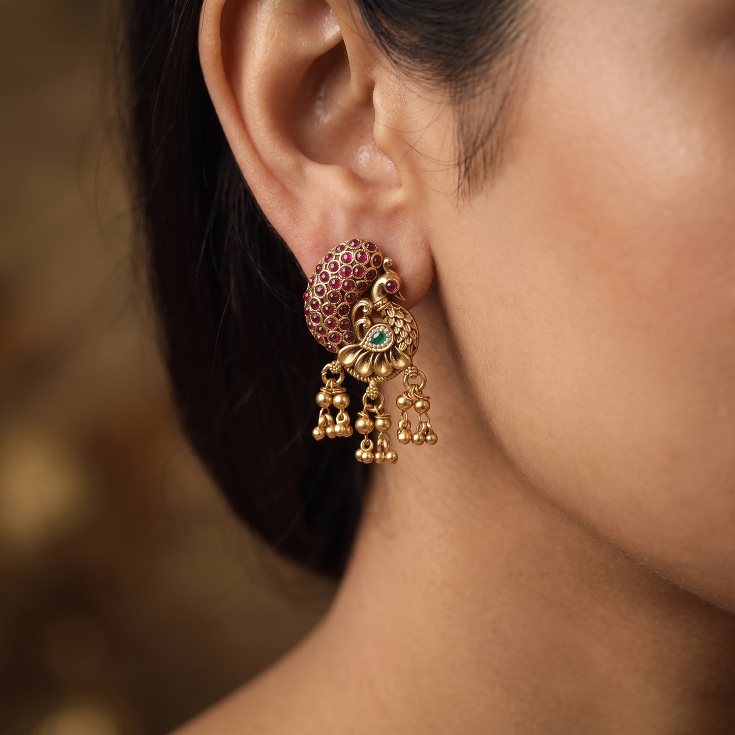Classic Peacock Inspired Antique Stud With Cluster Drops