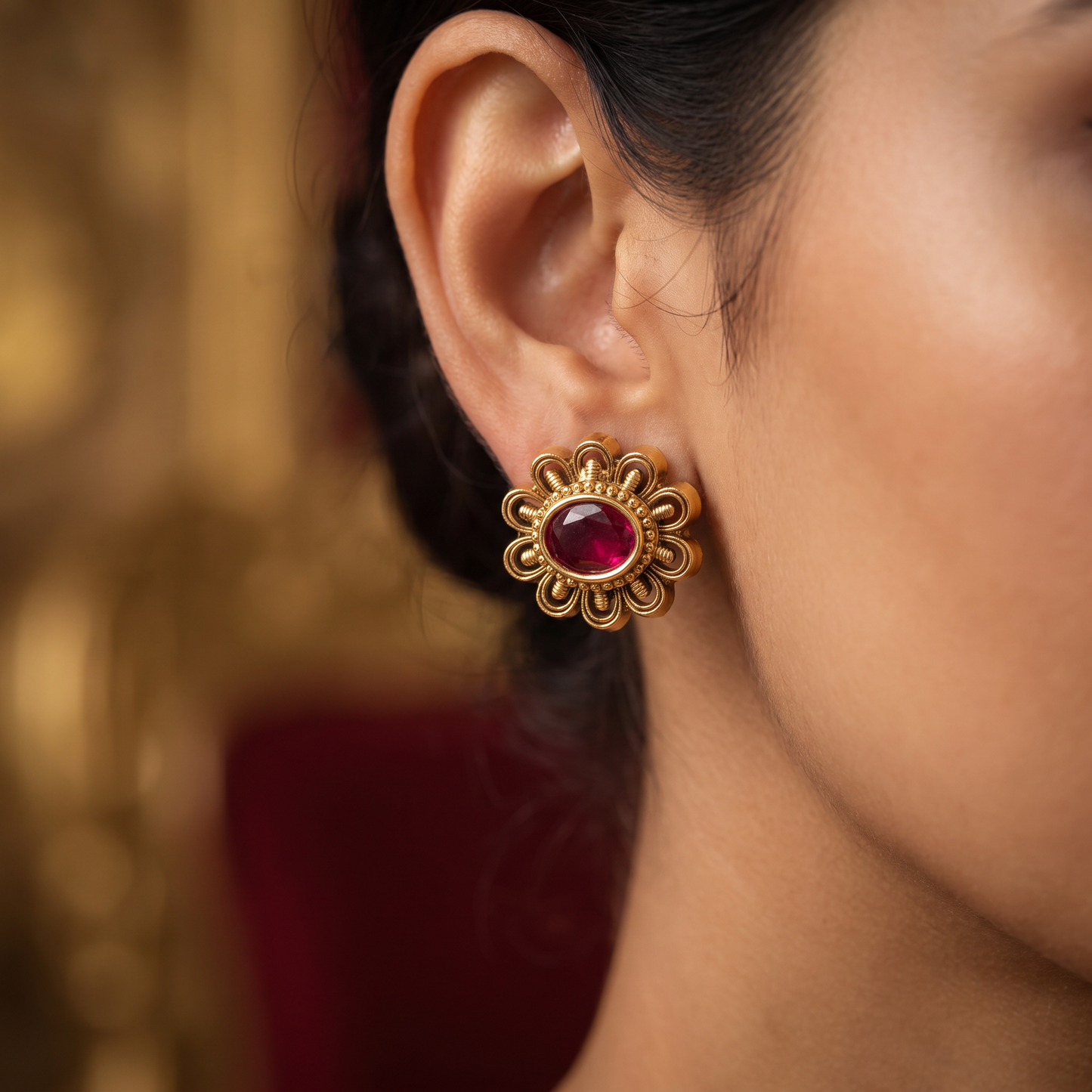 Grand Floral Stud With Dimensional Petal Loops And Center Highlight