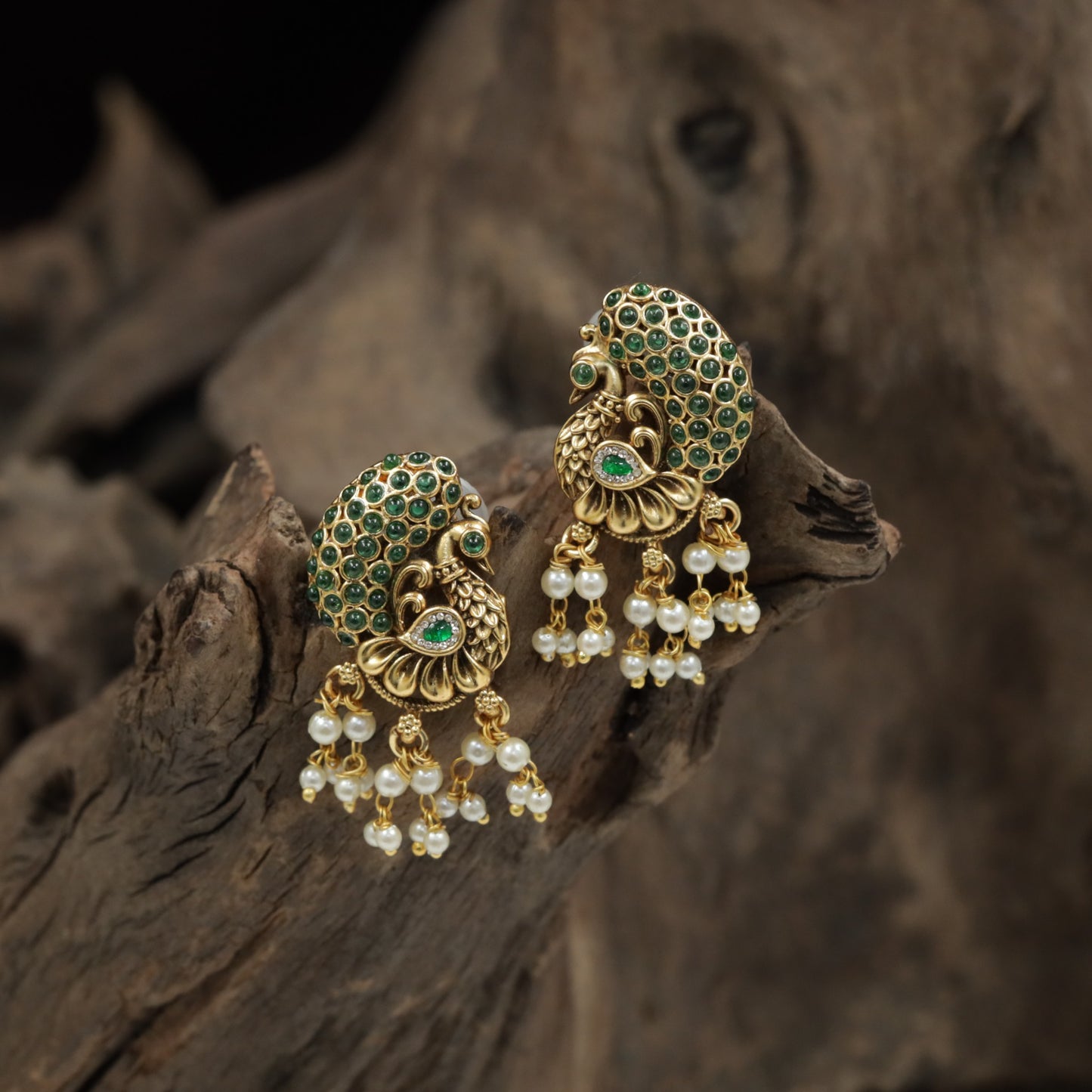 Classic Peacock Inspired Antique Stud With Cluster Drops