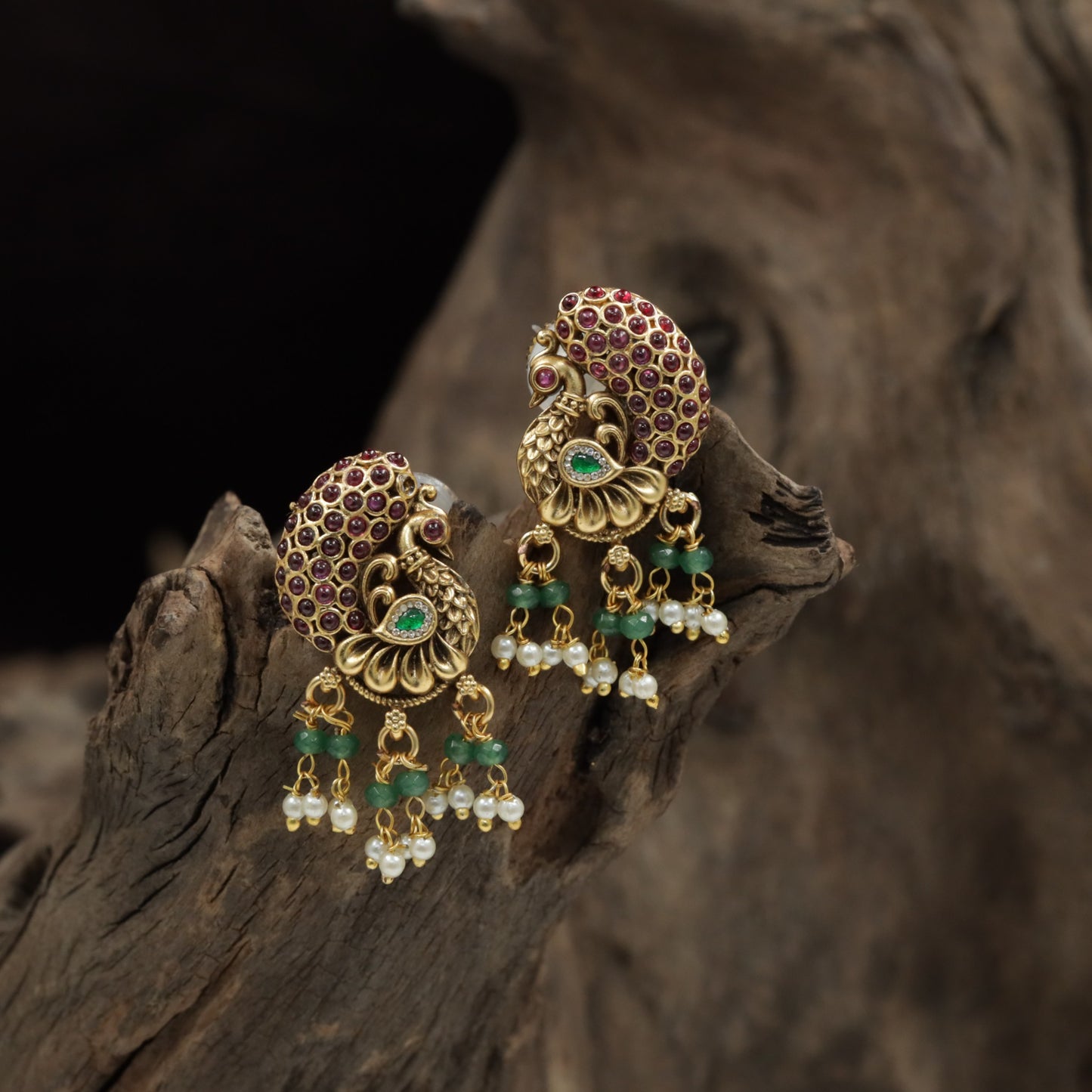Classic Peacock Inspired Antique Stud With Cluster Drops