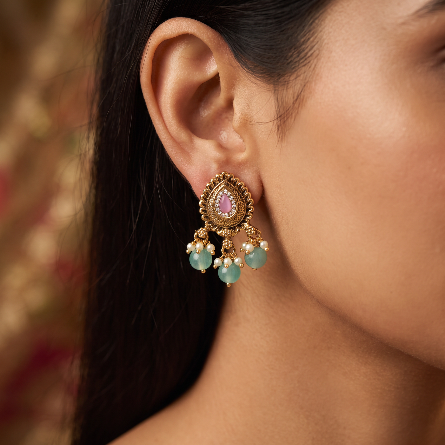 Classic Teardrop Medallion Stud With Clustered Pearl Accents