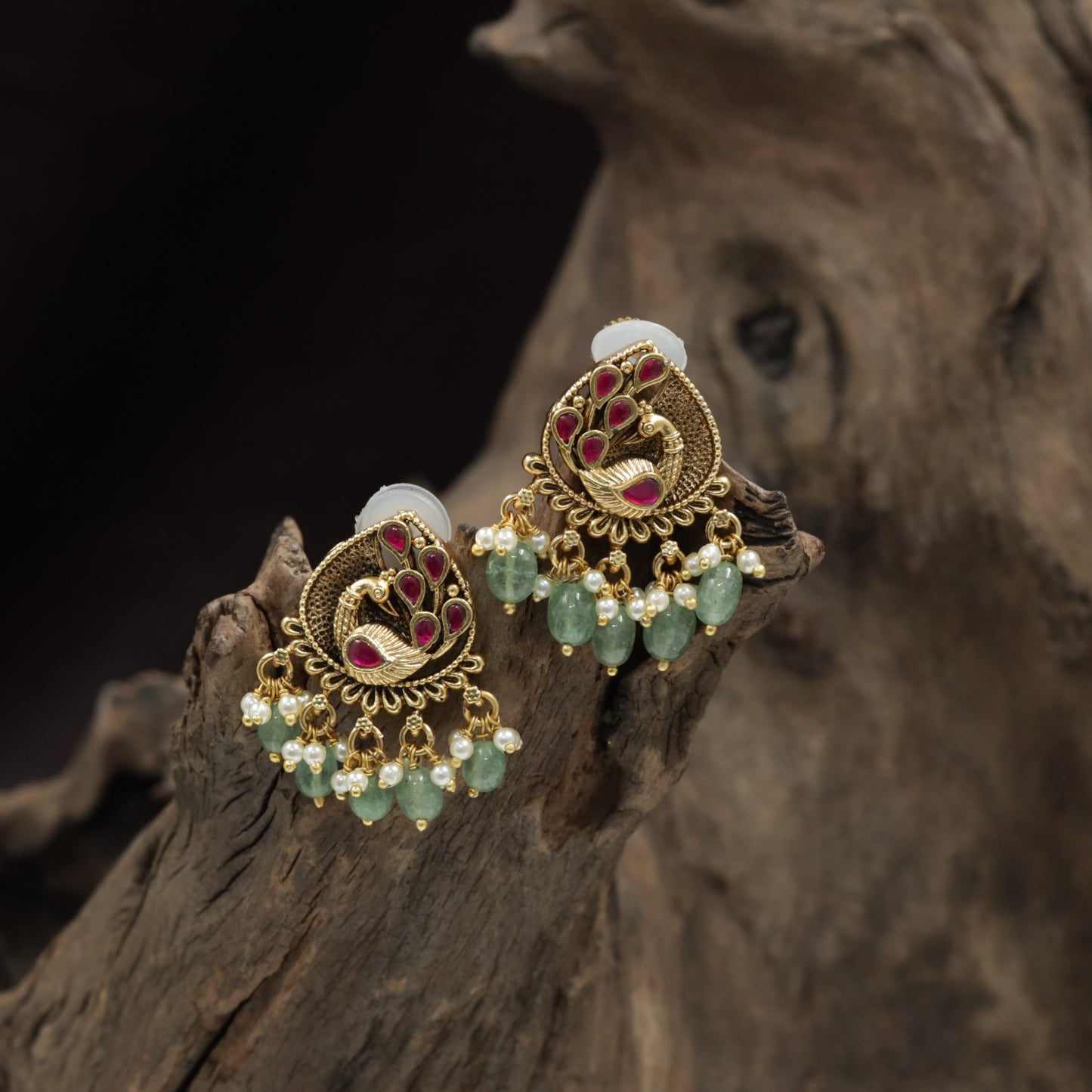 Antique Peacock Frame Stud With Textured Body And Beaded Fringe
