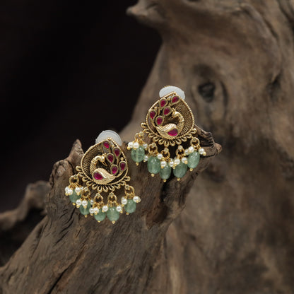 Antique Peacock Frame Stud With Textured Body And Beaded Fringe