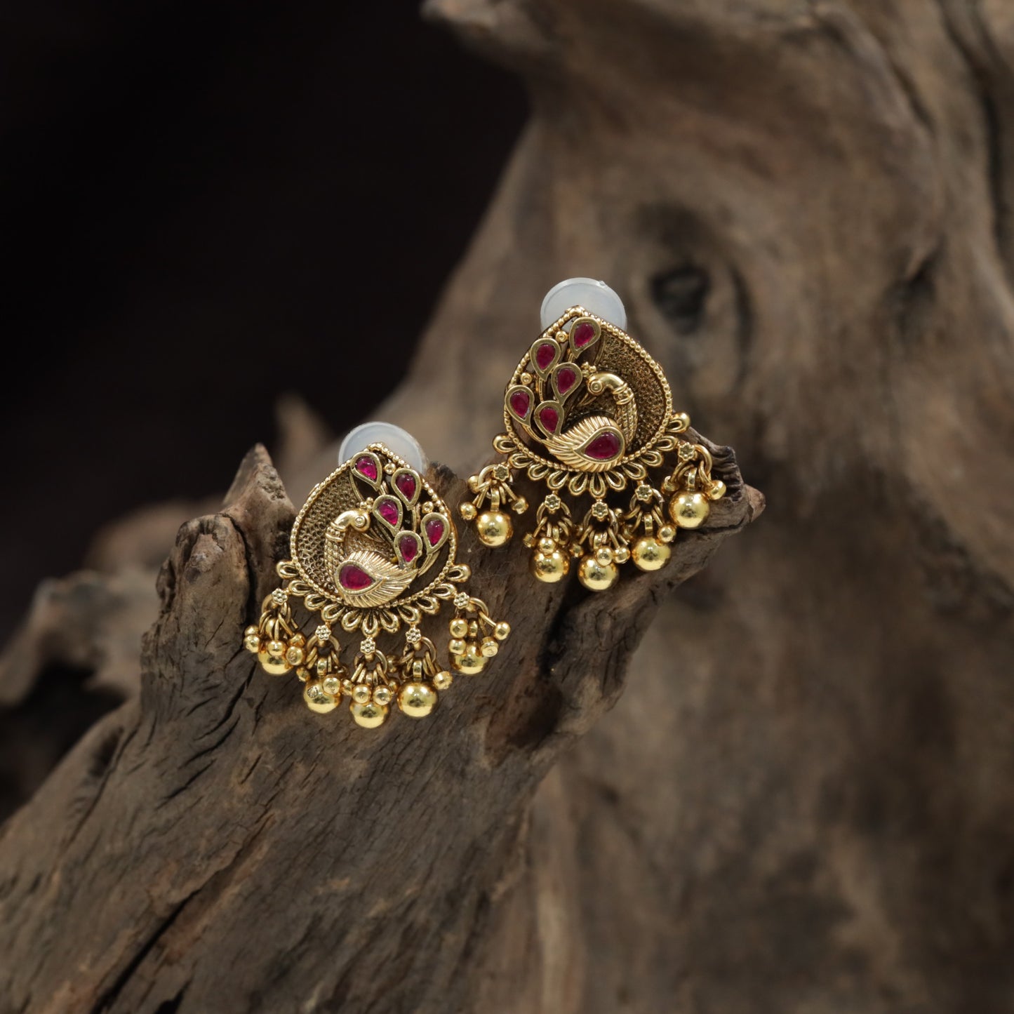 Antique Peacock Frame Stud With Textured Body And Beaded Fringe