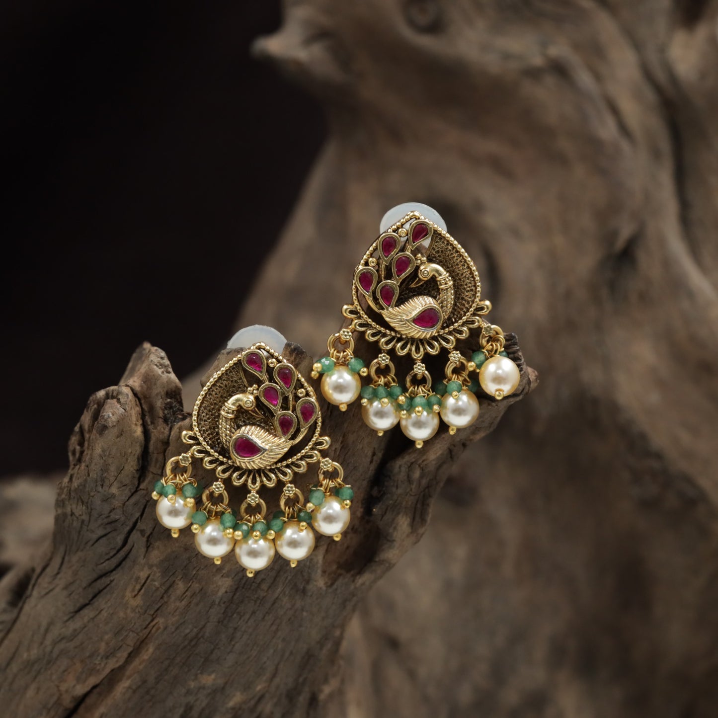 Antique Peacock Frame Stud With Textured Body And Beaded Fringe
