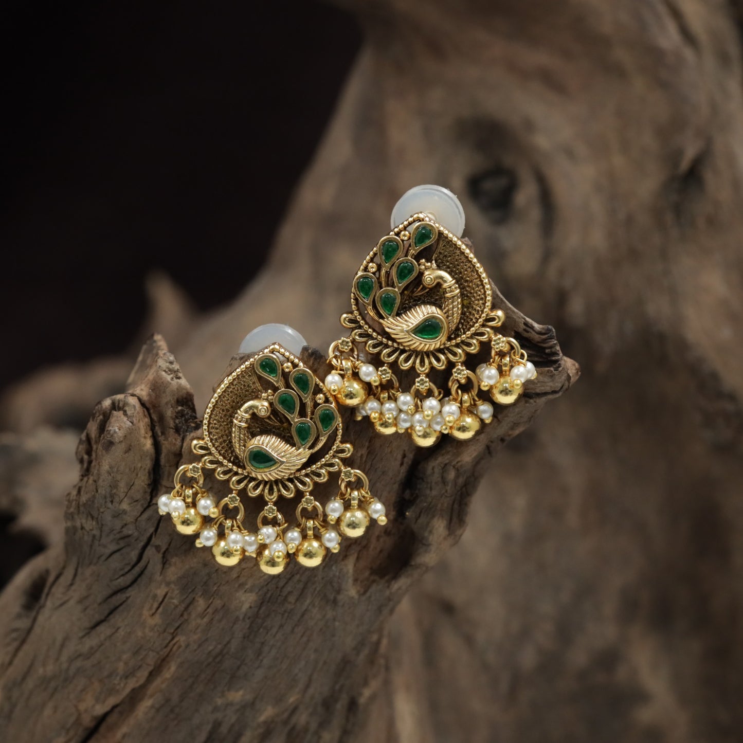 Antique Peacock Frame Stud With Textured Body And Beaded Fringe