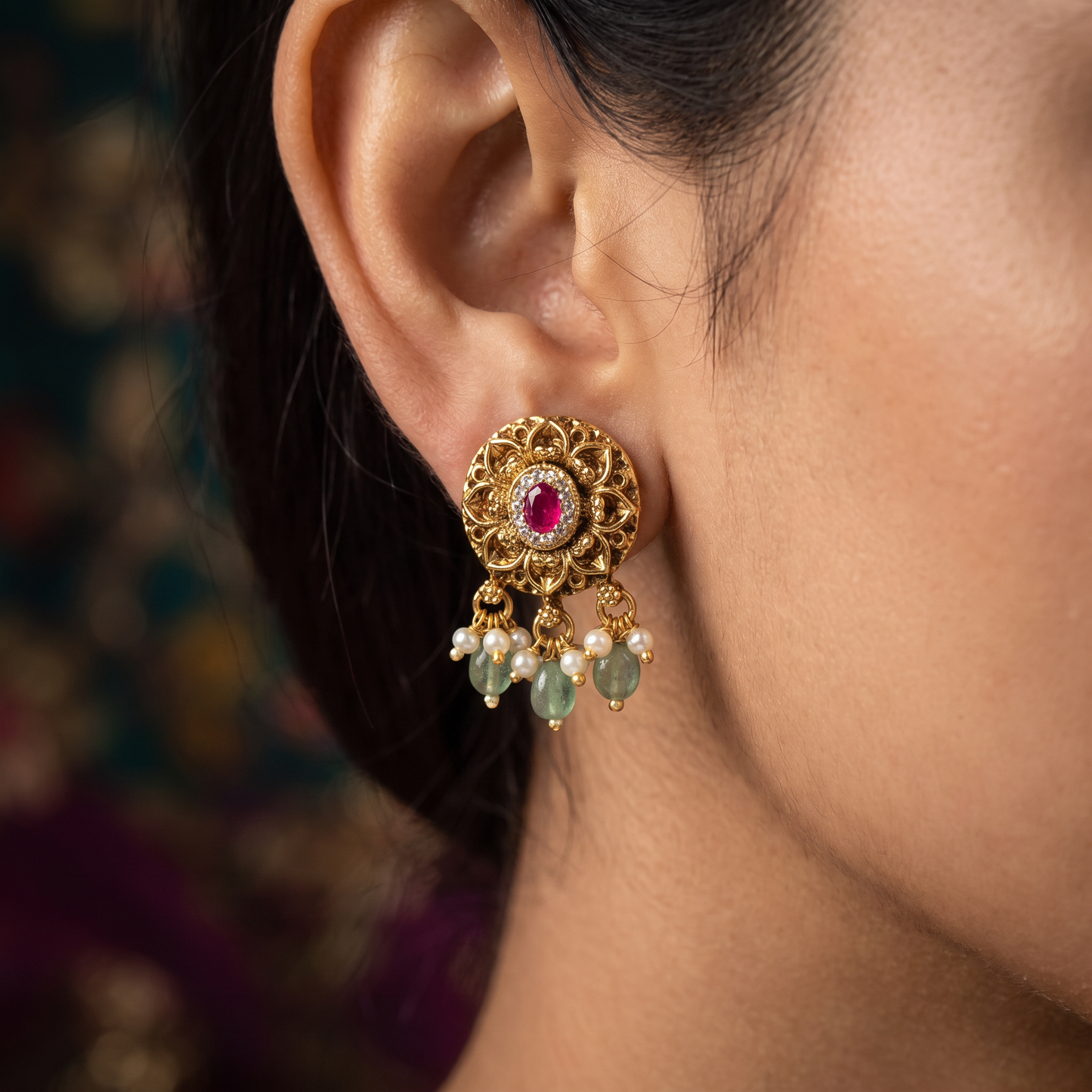 Classic Rosette Medallion Stud With Pearl Fringe Drops