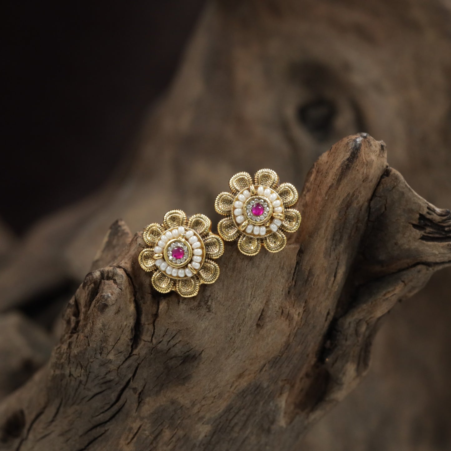 Vintage Inspired Floral Stud With Beaded Core And Loop Petals
