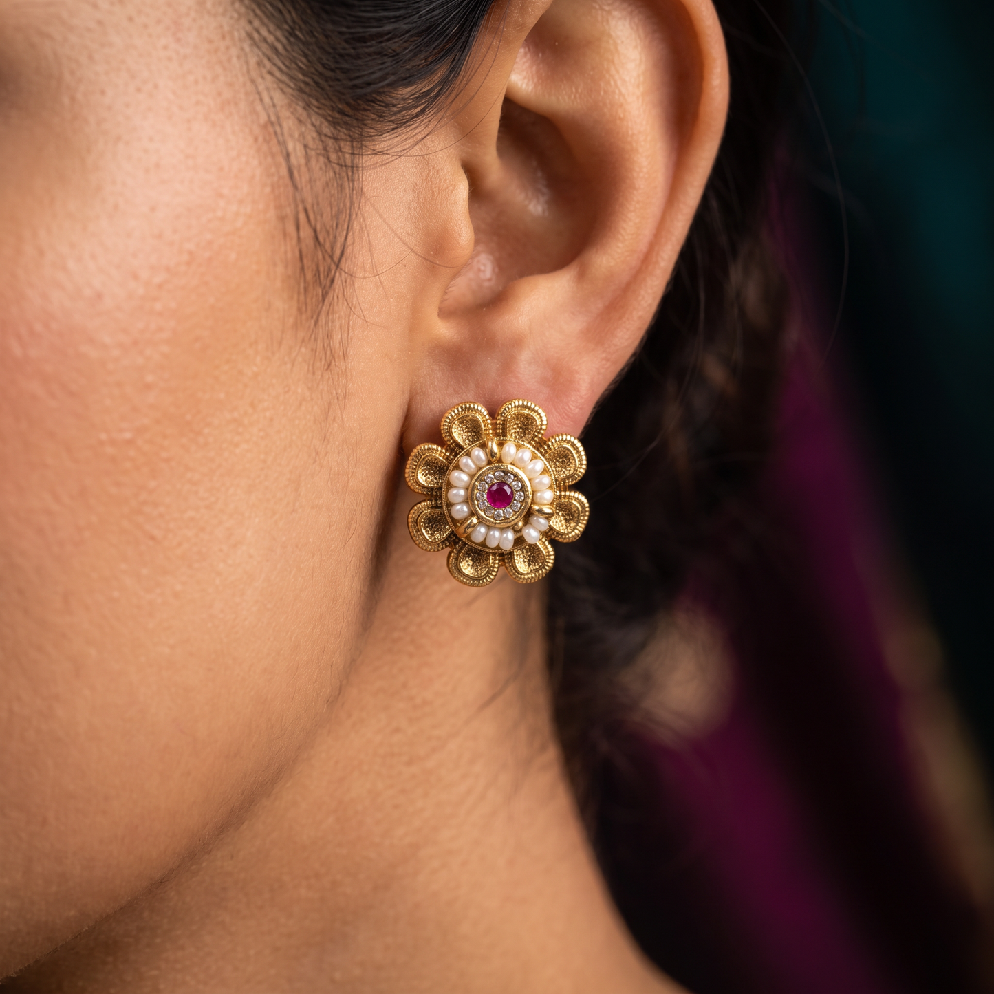Vintage Inspired Floral Stud With Beaded Core And Loop Petals