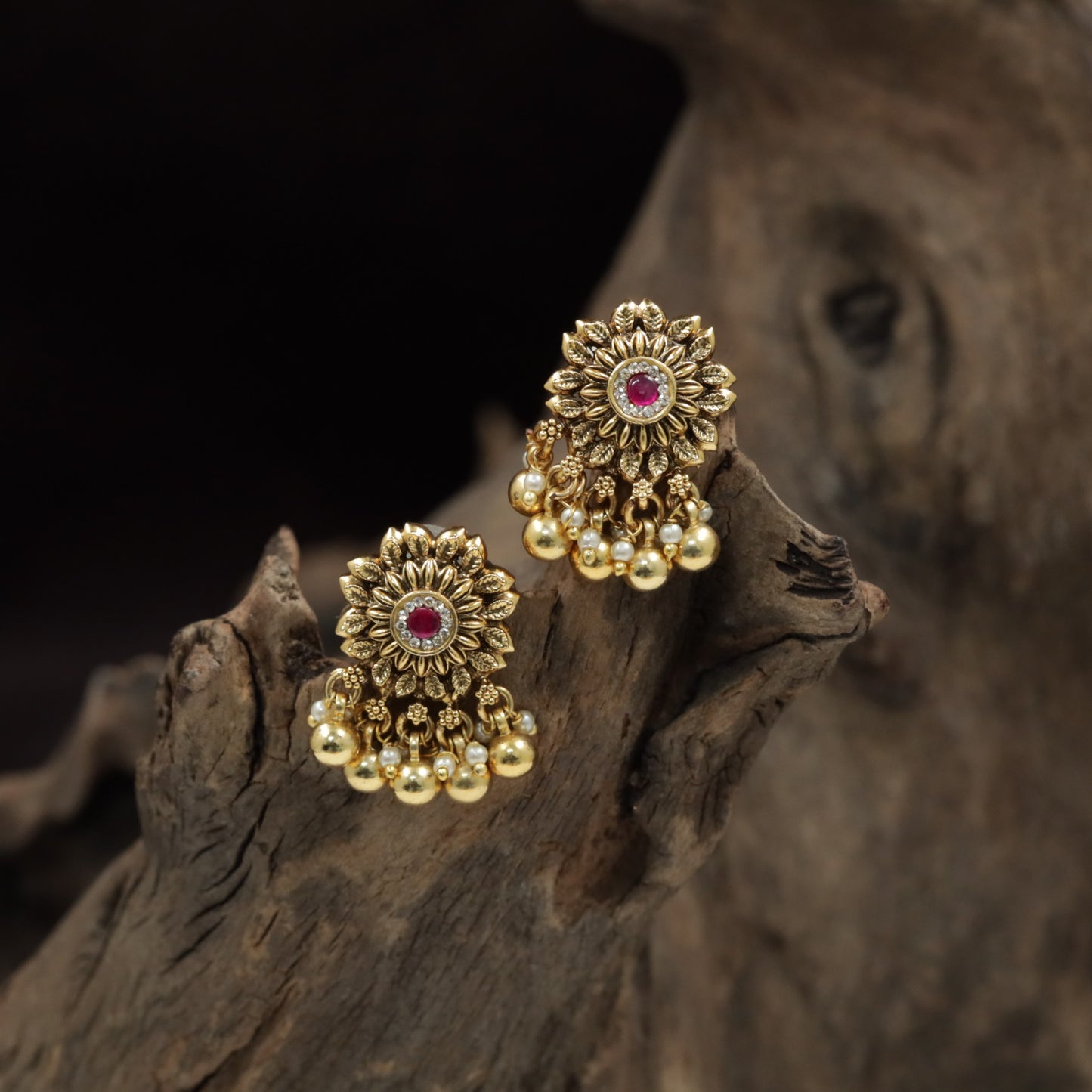 Sunburst Floral Antique Stud with Layered Petal Detailing and Ball Drop Fringe