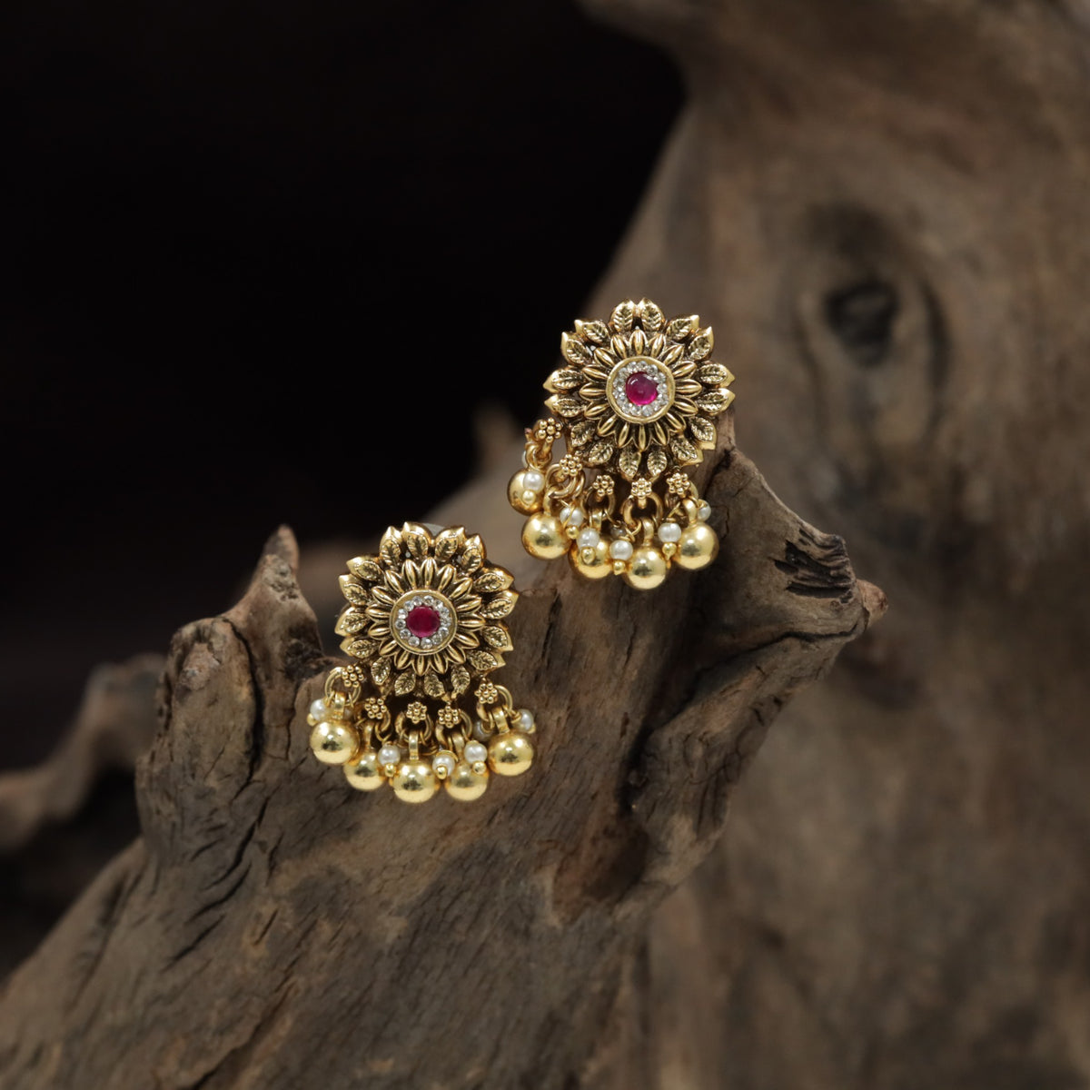 Sunburst Floral Antique Stud with Ball Drop Fringe