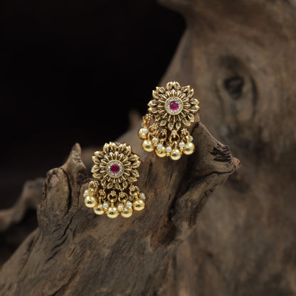Sunburst Floral Antique Stud with Layered Petal Detailing and Ball Drop Fringe