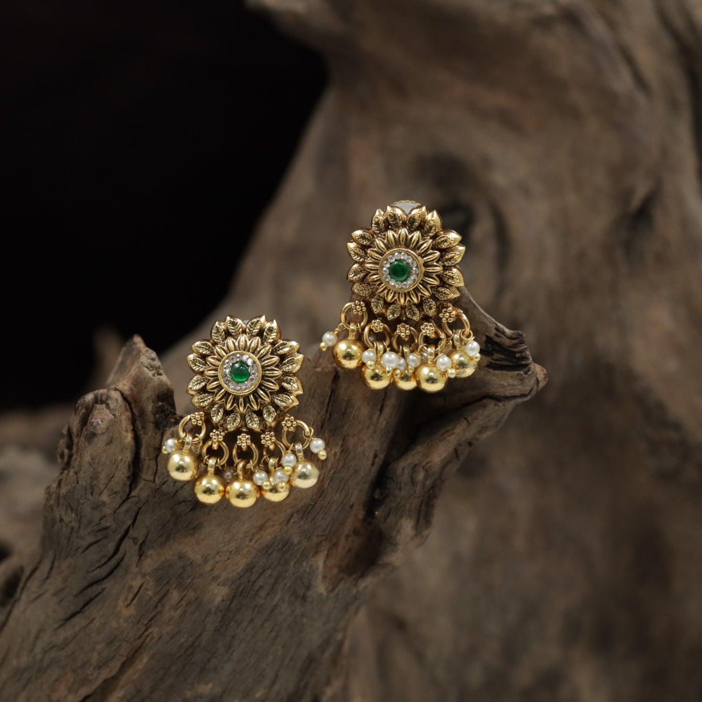 Sunburst Floral Antique Stud with Layered Petal Detailing and Ball Drop Fringe