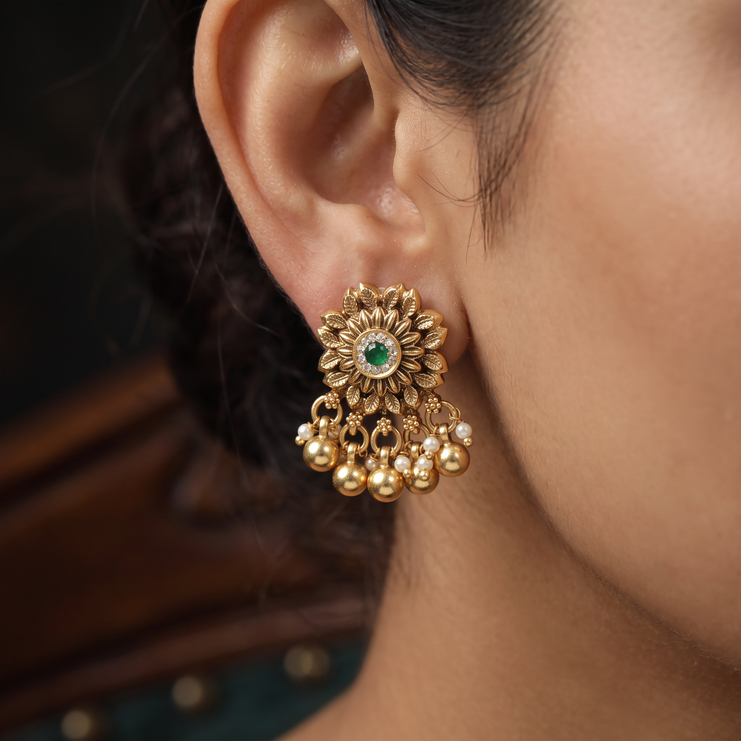 Sunburst Floral Antique Stud with Layered Petal Detailing and Ball Drop Fringe
