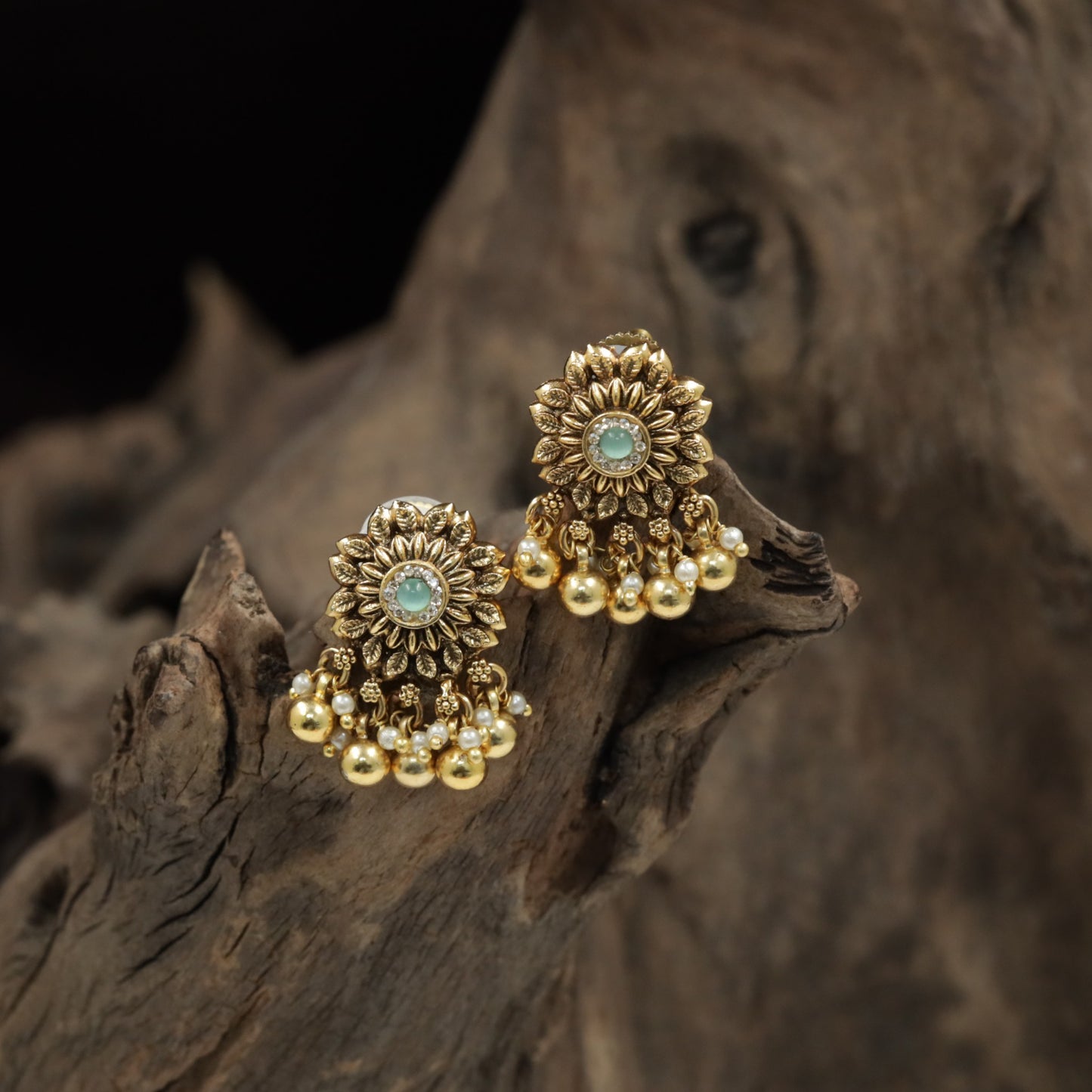 Sunburst Floral Antique Stud with Layered Petal Detailing and Ball Drop Fringe