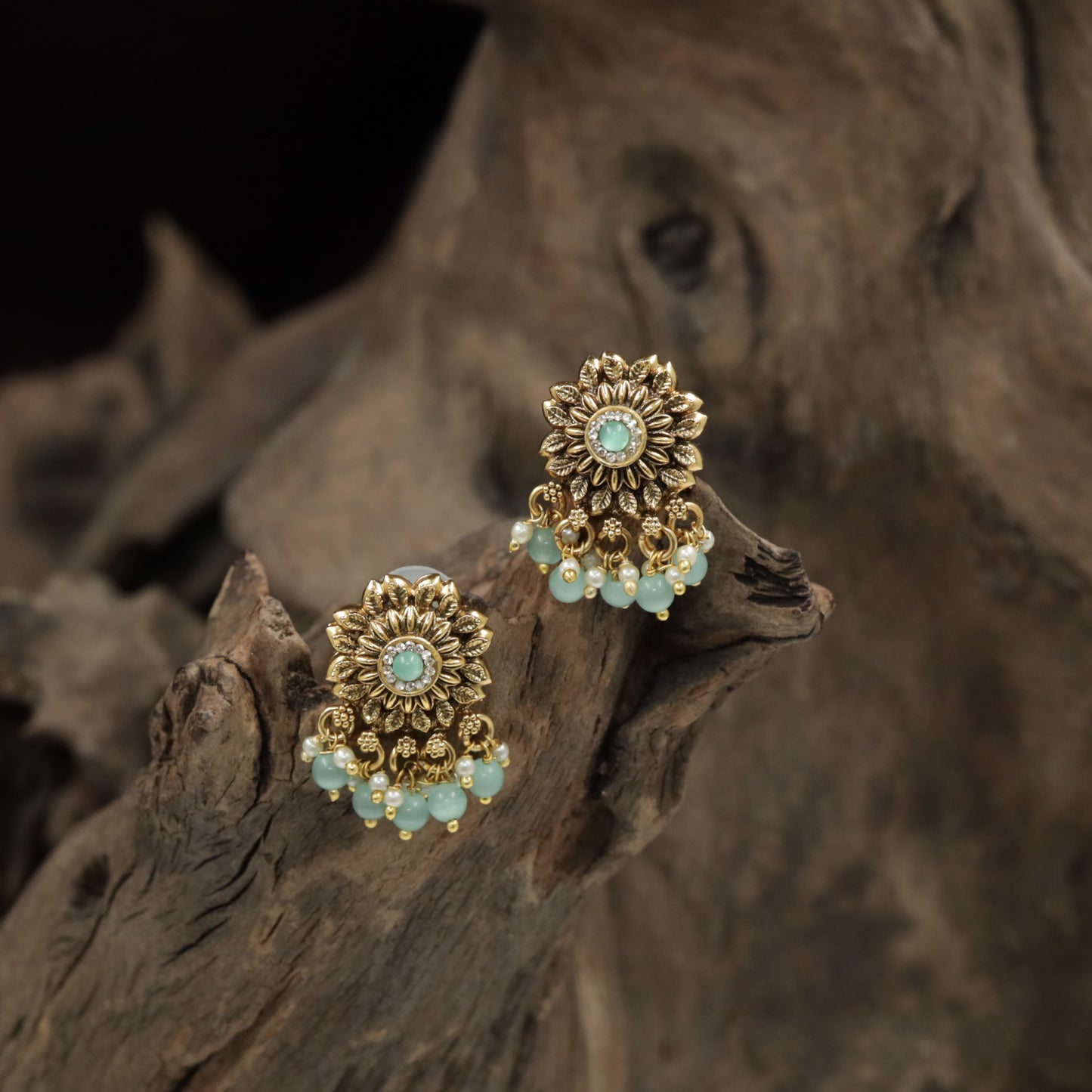 Sunburst Floral Antique Stud with Layered Petal Detailing and Ball Drop Fringe