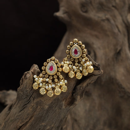 Antique Stud with Floral Teardrop Design and Pearl Cluster Fringe