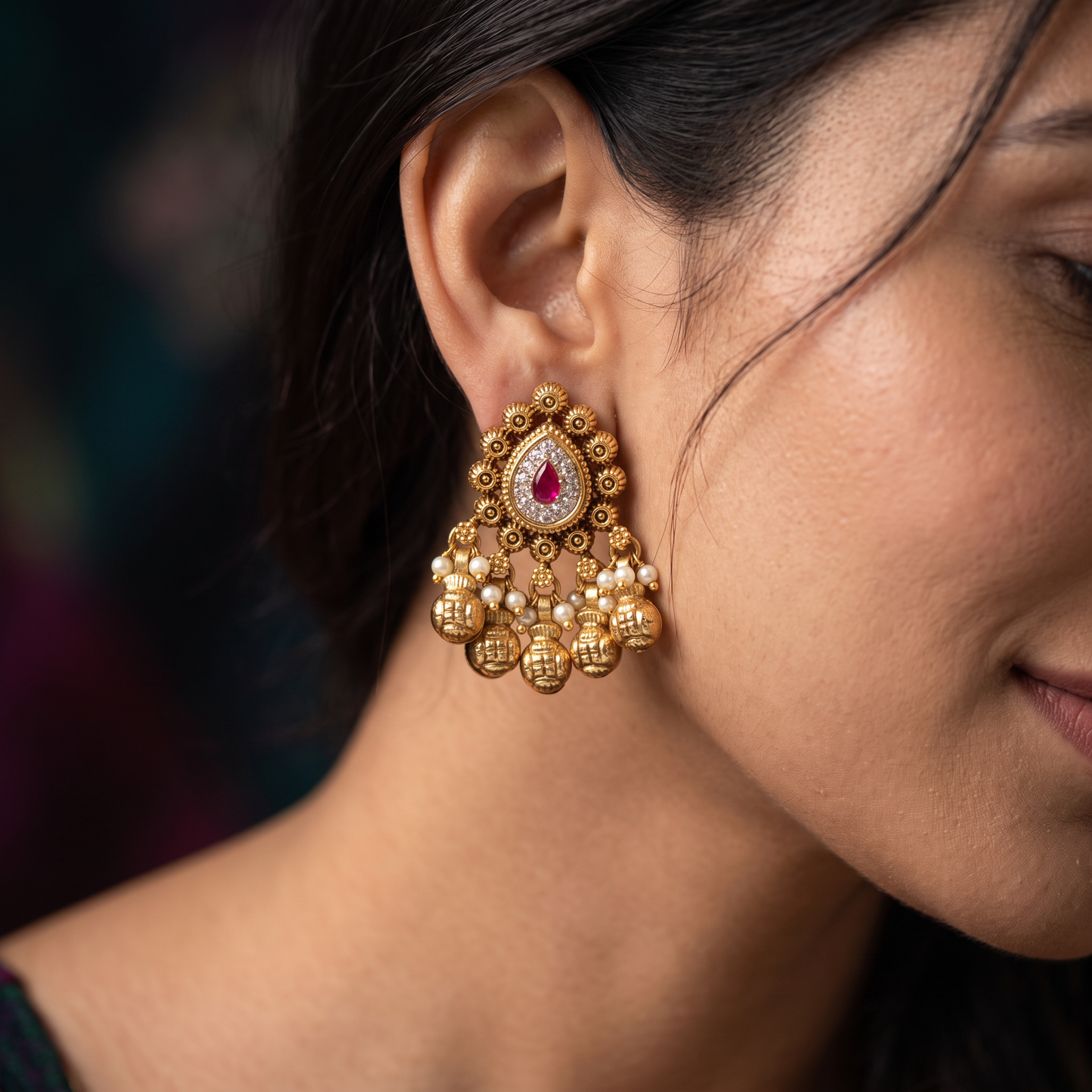 Antique Stud with Floral Teardrop Design and Pearl Cluster Fringe