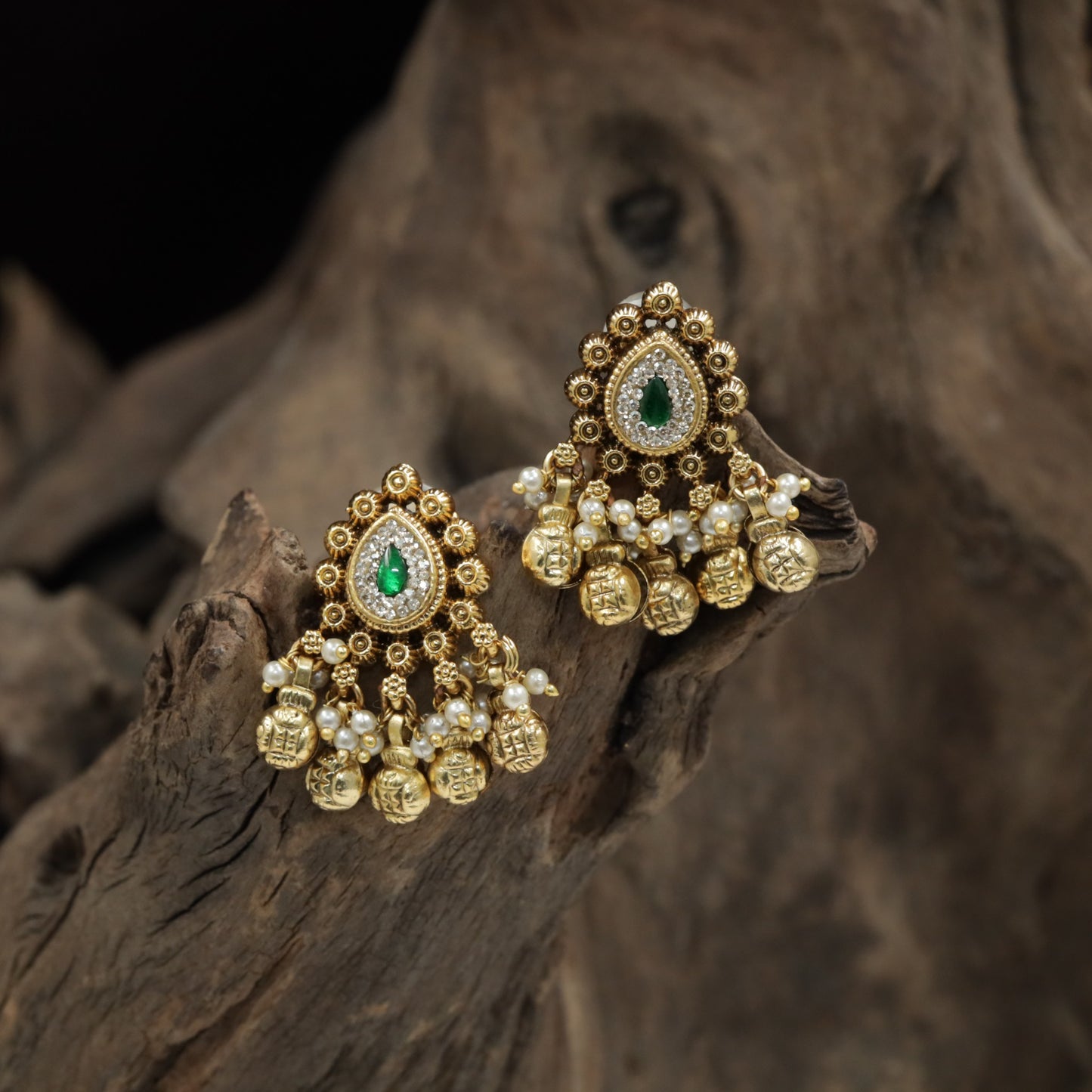 Antique Stud with Floral Teardrop Design and Pearl Cluster Fringe