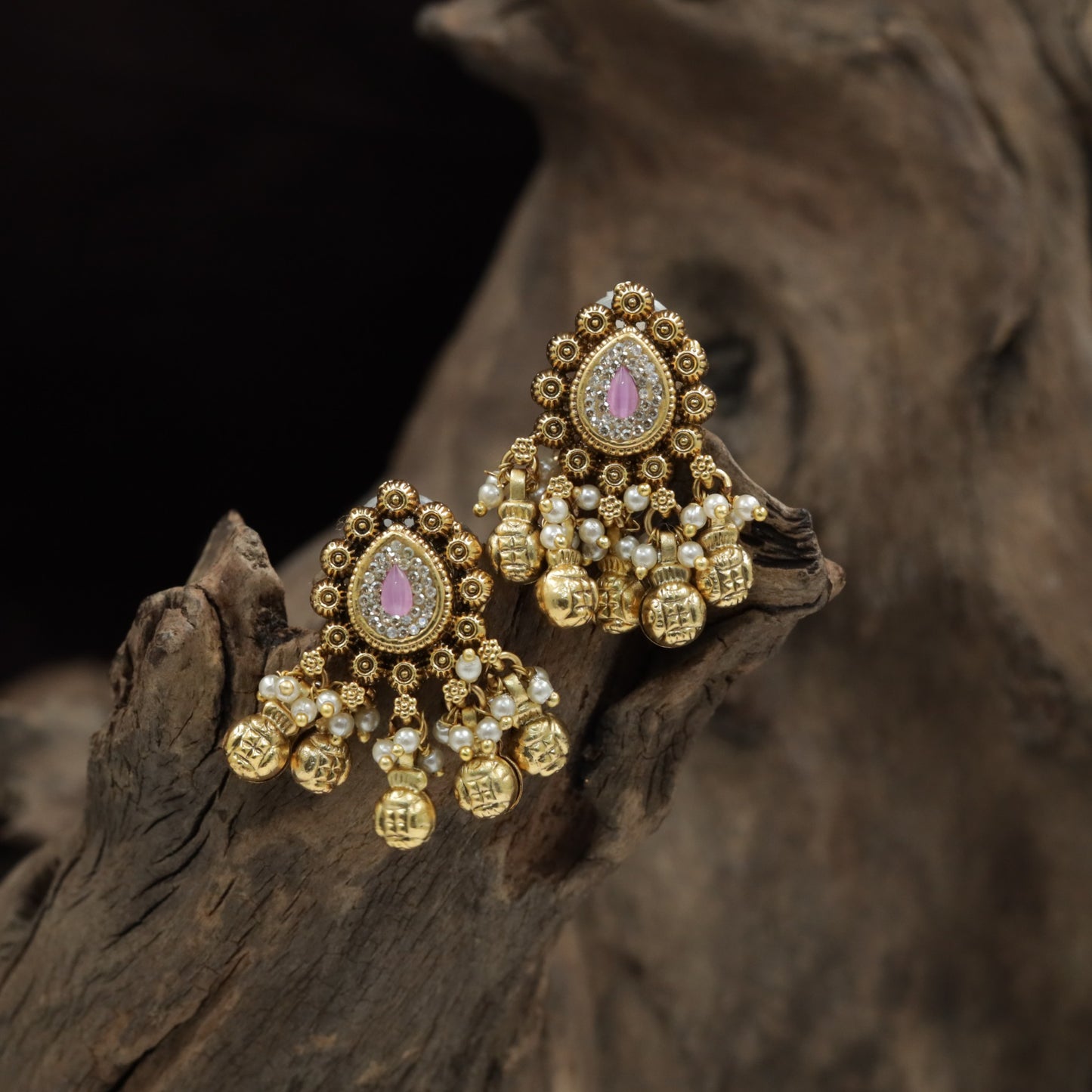 Antique Stud with Floral Teardrop Design and Pearl Cluster Fringe