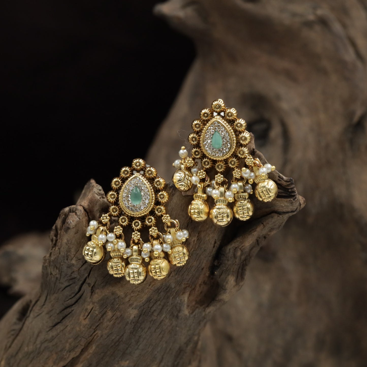 Antique Stud with Floral Teardrop Design and Pearl Cluster Fringe