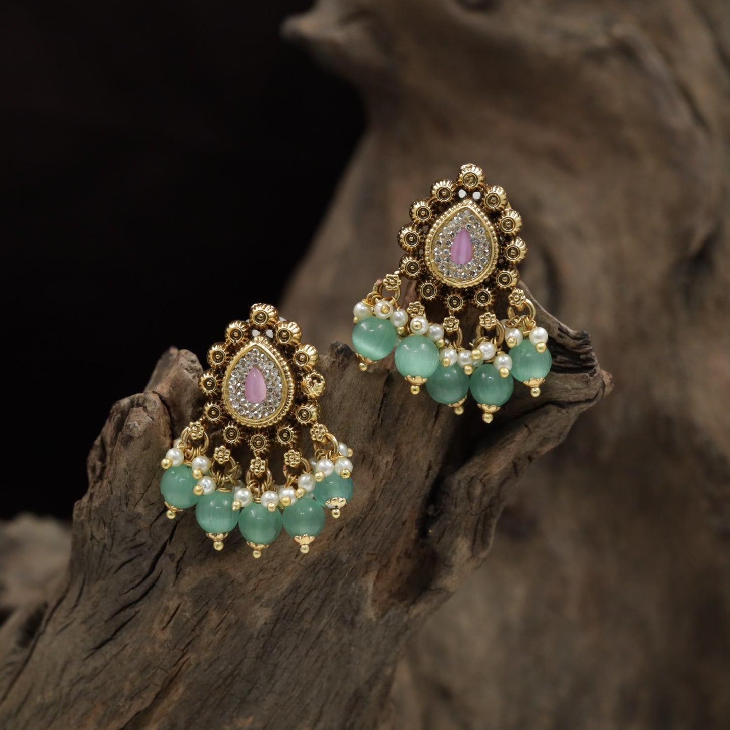 Antique Stud with Floral Teardrop Design and Pearl Cluster Fringe