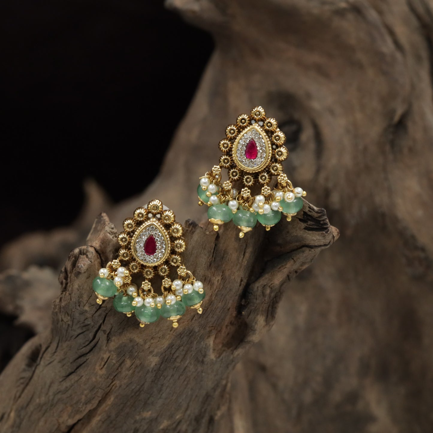 Antique Stud with Floral Teardrop Design and Pearl Cluster Fringe