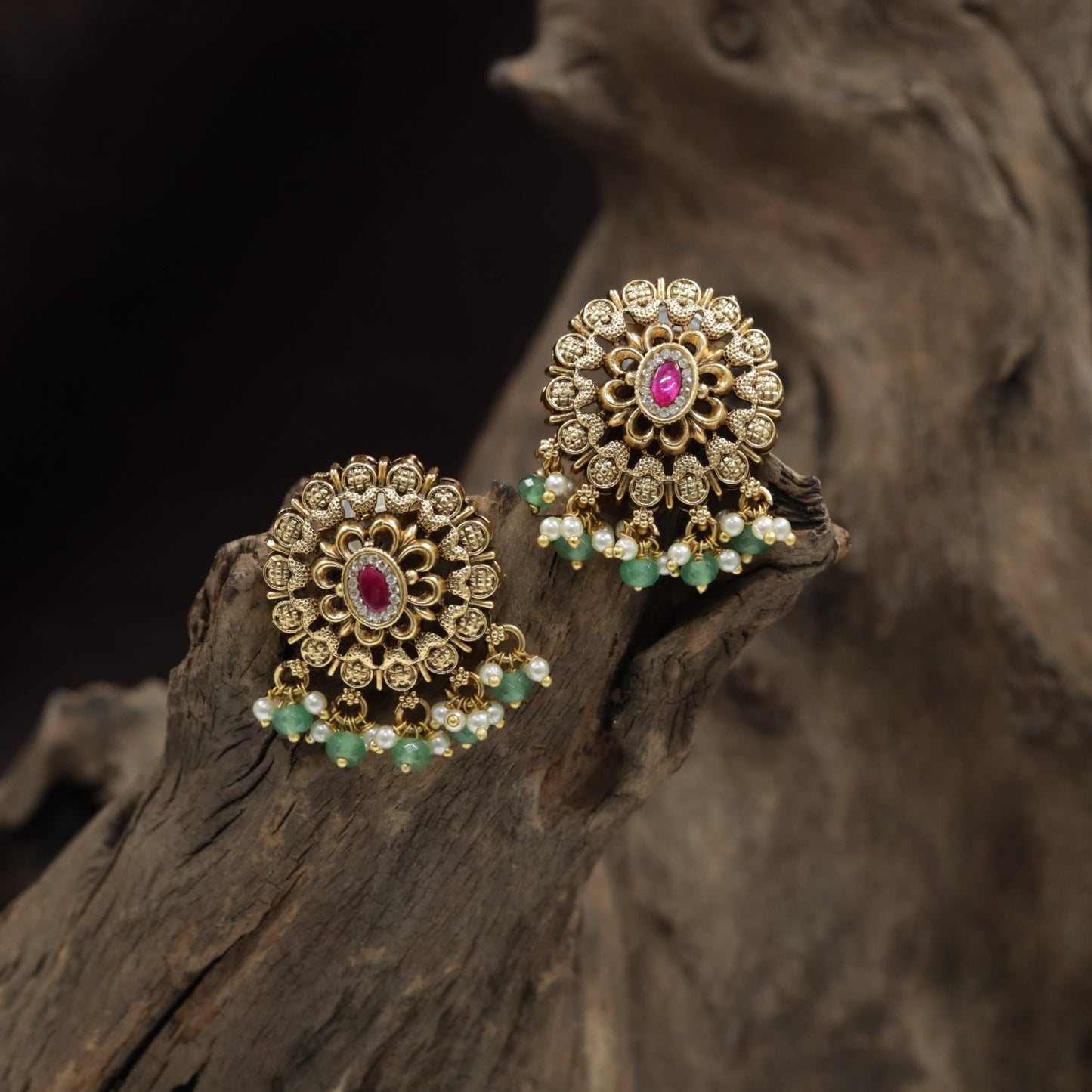 Regal Rosette Stud With Layered Floral Core And Drop Clusters