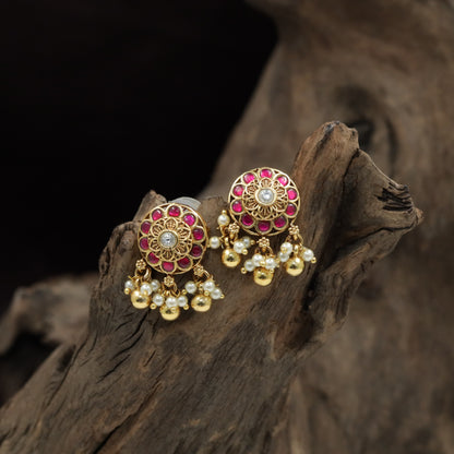 Floral Antique Stud with Concentric Petal Border and Fringe Accents