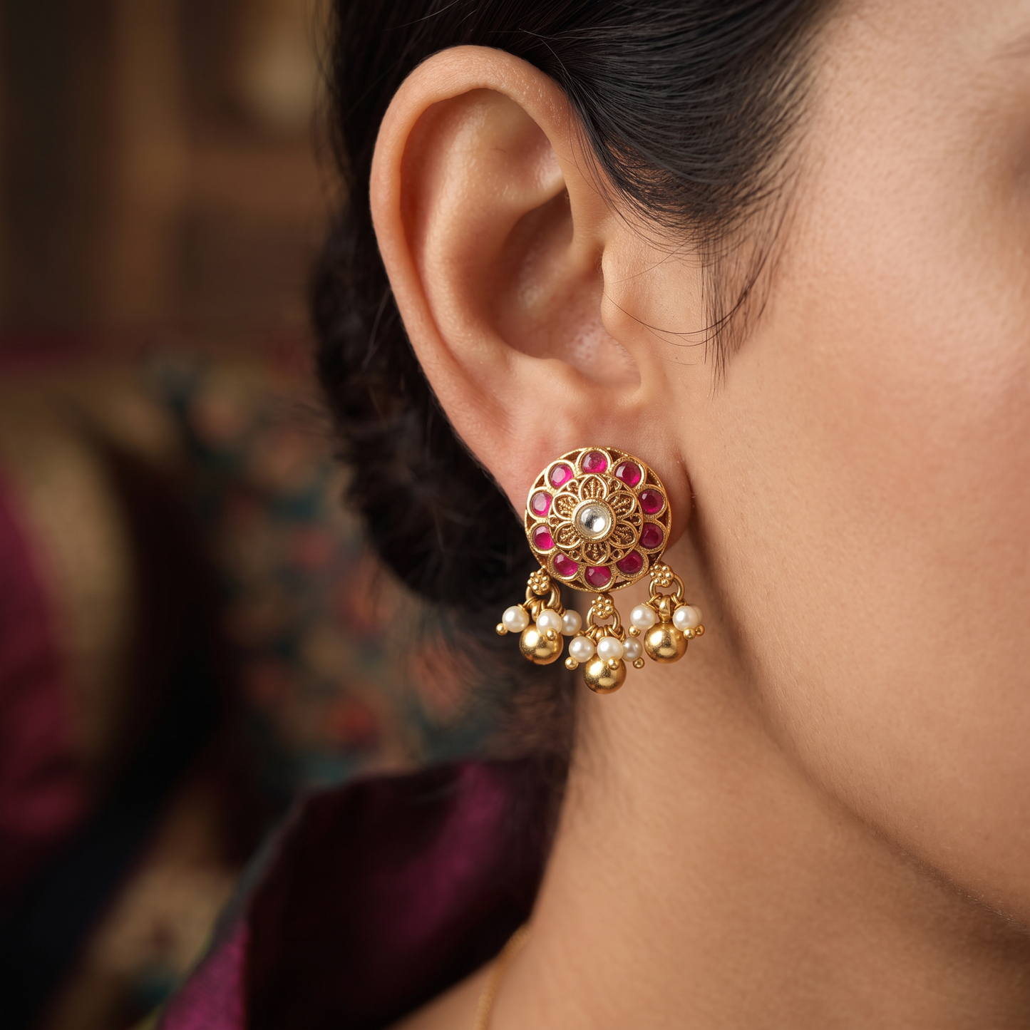 Floral Antique Stud with Concentric Petal Border and Fringe Accents